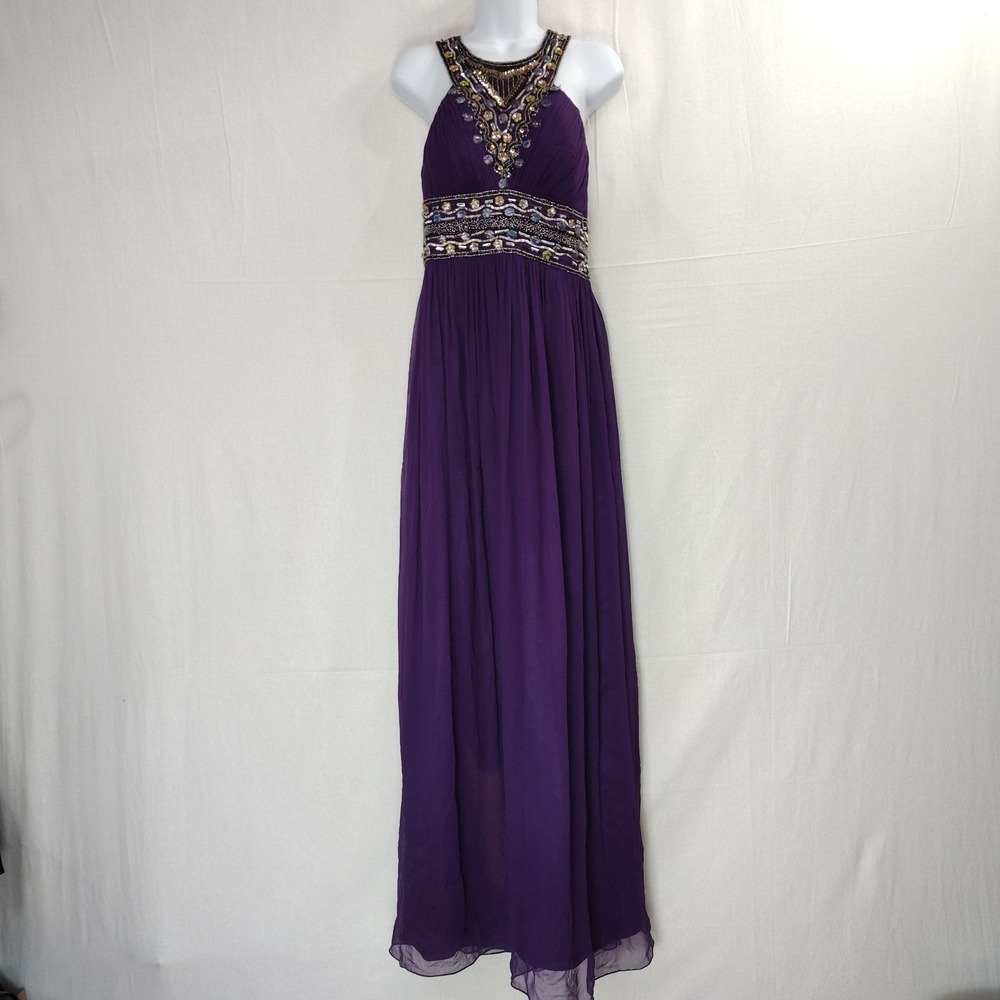 Y2k Silk Hand Beaded Halter Maxi Dress Womens Size 6? Purple Fairycore Prom READ